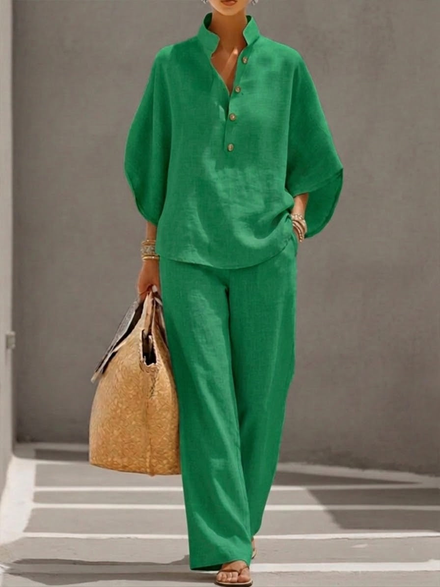 MARIEL™ - CONJUNTO DE DOS PIEZAS EFECTO LINO CON MANGAS MURCIÉLAGO Y PANTALÓN FLUIDO