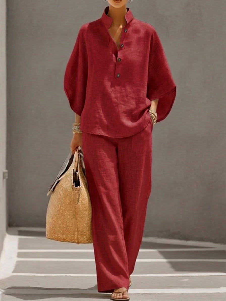 MARIEL™ - CONJUNTO DE DOS PIEZAS EFECTO LINO CON MANGAS MURCIÉLAGO Y PANTALÓN FLUIDO