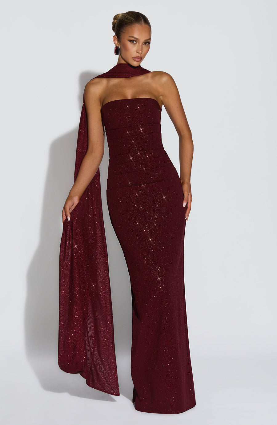 VESTIDO LARGO PANDRA - VINO CON BRILLO
