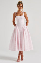 SHERRIE MIDI DRESS - BLUSH GINGHAM