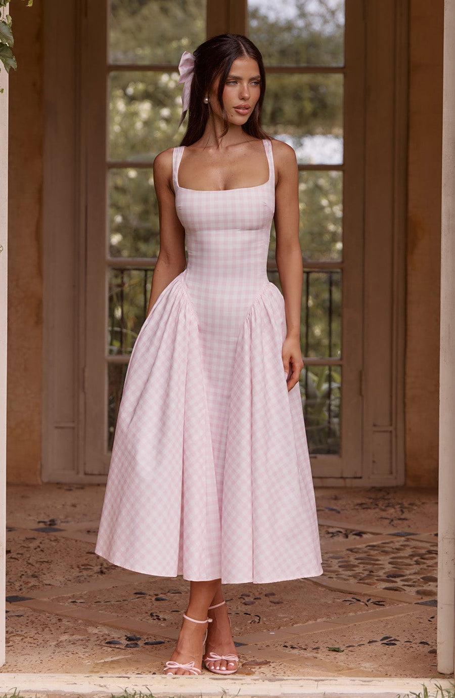 VESTIDO MIDI SHERRIE - GINGHAM ROSADO